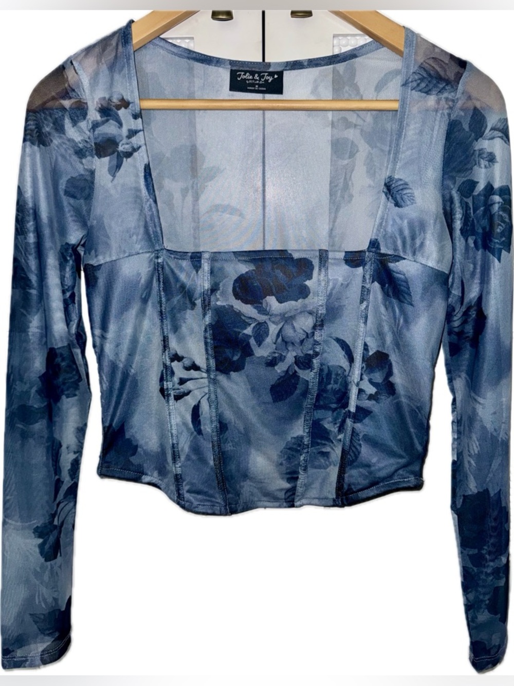 Navy Floral Sheer Mesh Long Sleeve Corset Top
